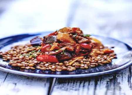 Lentilles, compote d'aubergines