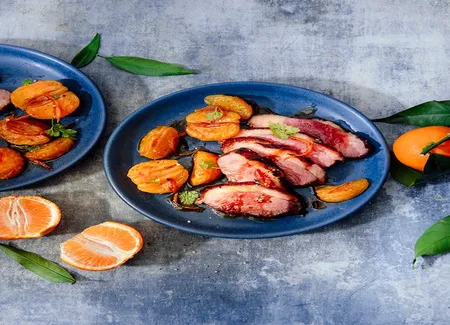 Magret de canard et clémentines rôties au miel
