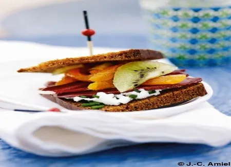 Mini-sandwichs, pain d'épices, magret fumé et kiwi