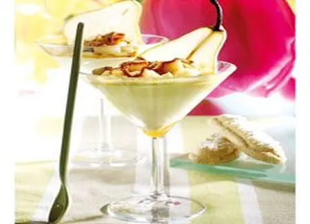 Mousse de reblochon, poire et caramel au beurre salé