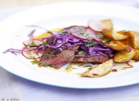 Onglet de veau mariné, légumes décalés