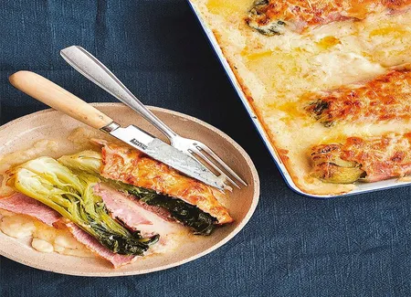 Pak choï gratinés, jambon et béchamel