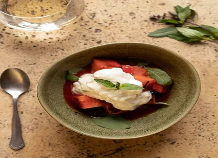 Pastèque grillée, framboises et feta