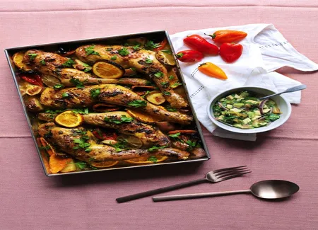 Poulet citron, orange, salsa d'avocat