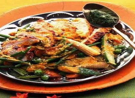 Poulet mariné, légumes coco