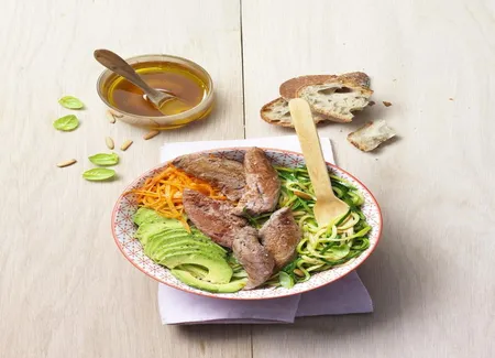 Power bowl aiguillettes de canard et spaghettis de courgettes