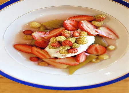 Rhubarbe au sirop de géranium, yaourt et fraises
