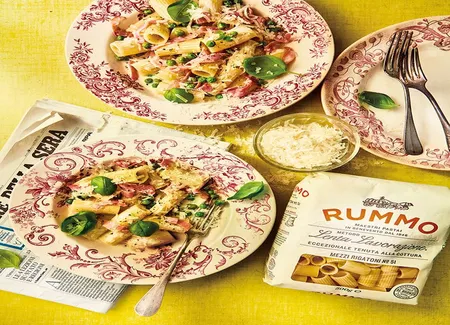 Rigatoni, culatello e piselli