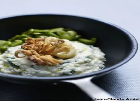 Risotto à l'ortie, pistes et févettes