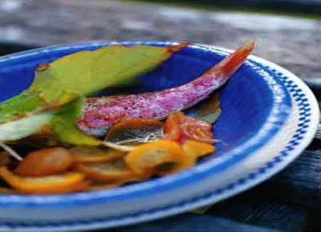 Rougets grillés, chutney de courgettes jaunes et melon
