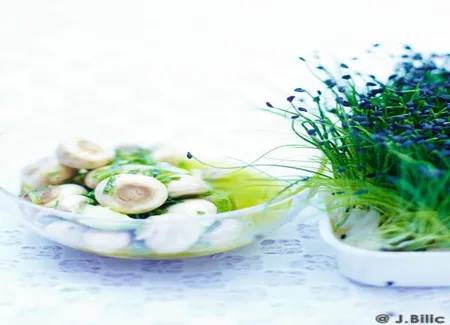 Salade de champignons, pousses de ciboulette
