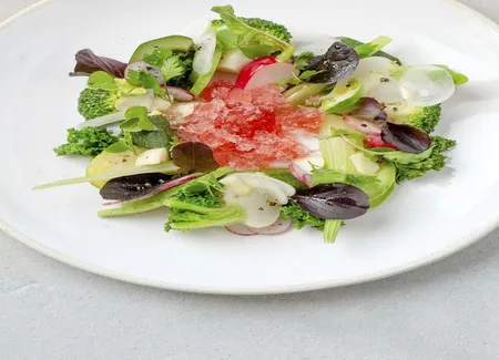 Salade de légumes de printemps, granité de bouillon