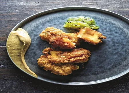 Tempura de pommes, écrasé de kiwis