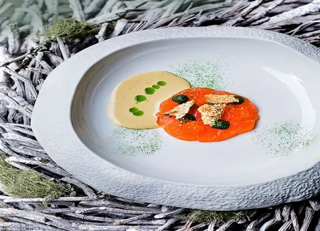 Truite royale de savoie, sauce à la reine-des-prés et coulis d'oxalis