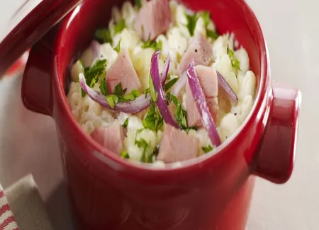 Coquillettes à la crème de parmesan et jambon braisé