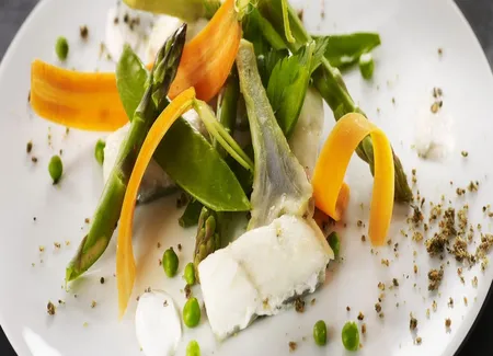 Filet barbue confit au beurre , jardin aux effluves de danané