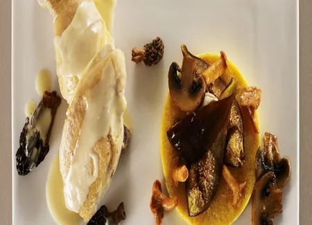Fricassée de volaille aux morilles, galette de polenta automnale