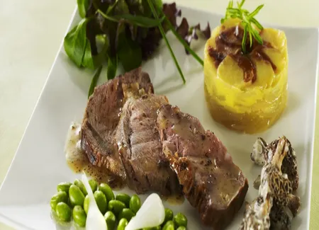 Gigot d'agneau de lait, jus à la sarriette, févettes et petites morilles crémées, herbes pastorale et pommes boulangères