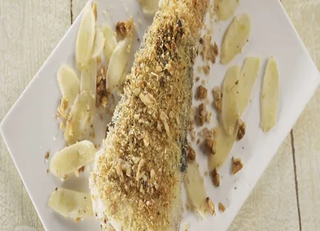 Lotte panée à la noix de coco, aux salsifis et aux noix