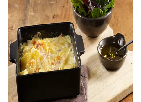 Risotto façon pommes charlotte et vitelotte, mascarpone et pied de veau mitonné