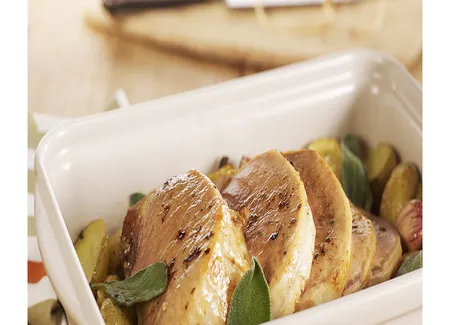 Rôti de porc à la sauge, pommes grenailles