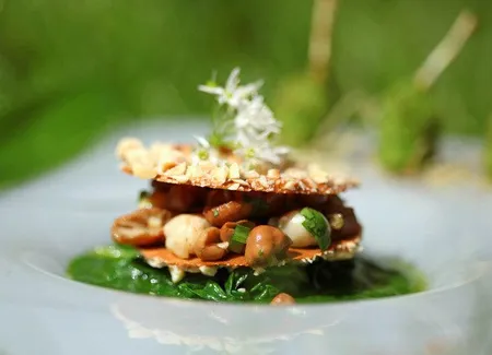 Croûte de noisette et fricassée de grenouilles aux mousserons