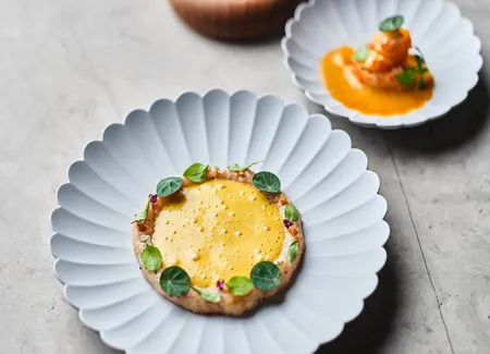 Tartare d’écrevisses du rhône, tagète, jus des têtes
