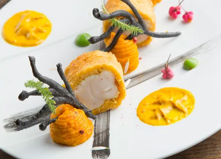 Lotte en kadaif curry, purée de potimarron
