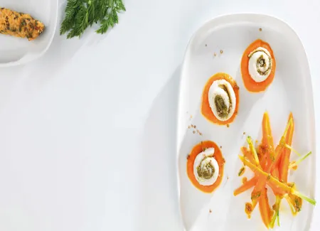 Roulés de sole au pesto, jeunes carottes à la coriandre