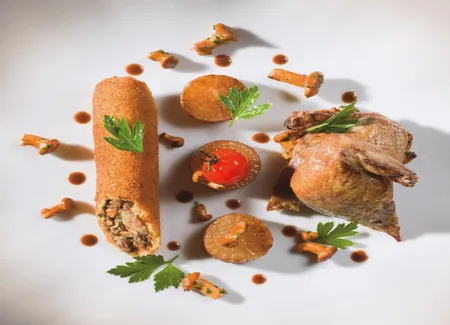 Pigeon rôti sur coffre & cromesquis de cuisses