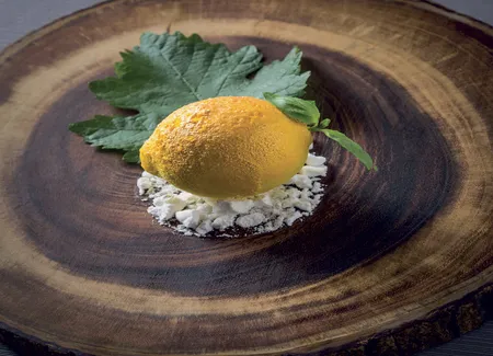 Dessert citron basilic, feuilles de vigne