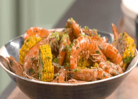 Crevettes flambées et maïs par laurent mariotte