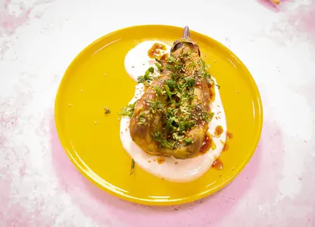 Aubergines tahini harissa