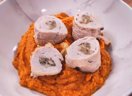Roulés de dinde aux champignons, purée de patate douce