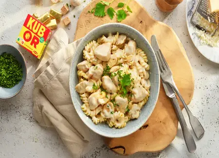 Fusilli à la crème champignons et poulet