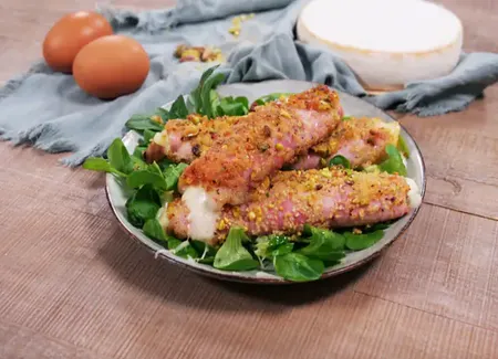 Roulés de jambon blanc au reblochon aop panure pistaches