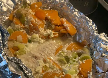 Filet de julienne, poireau et patate douce
