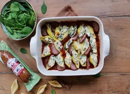 Conchiglioni à la ricotta, épinards et saucisse de morteau