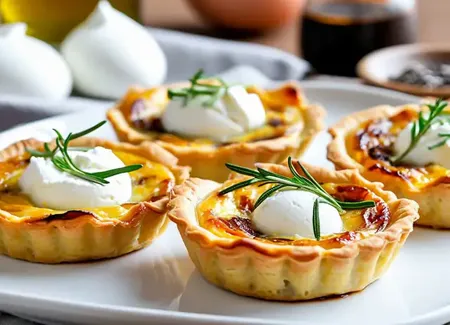 Mini-quiches tatin aux oignons confits et burrata