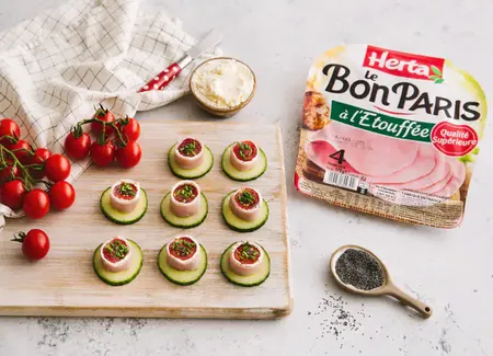 Bouchées apéro, concombre, jambon, tomates