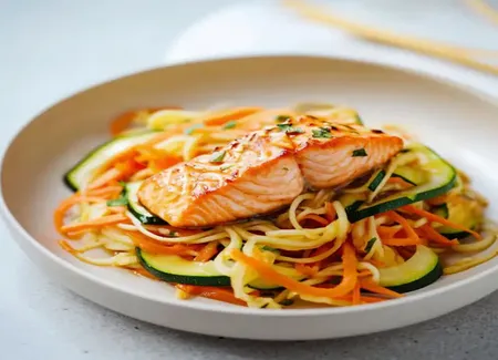 Saumon teriyaki et nouilles aux légumes au cookeo