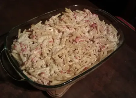 Gratin de macaroni jambon, fromage et viandox