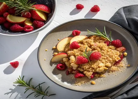 Crumble pommes, framboises, romarin