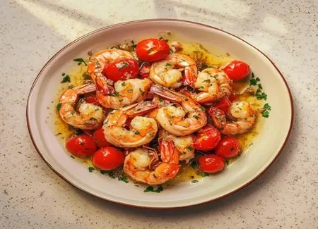 Crevettes sautées à l’ail et tomates cerises
