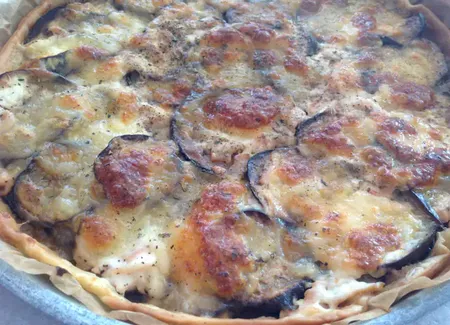 Tarte aubergines, saumon, chèvre