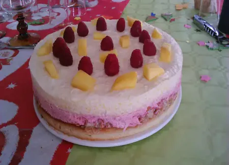 Gâteau de fête à la mousse de mangue et framboise