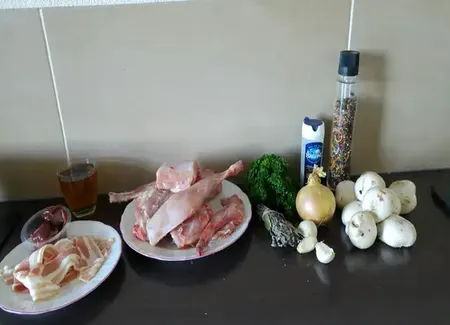 Lapin aux tomates, champignons et lardons