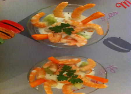Crevettes et petits légumes au fromage blanc