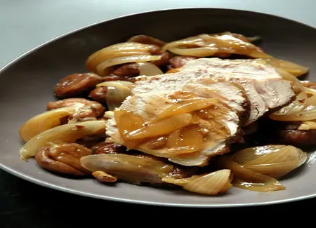 Rôti de veau aux marrons et échalotes