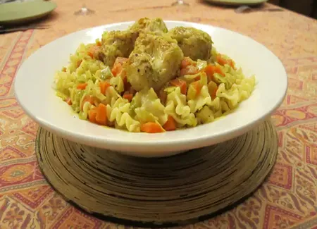 Fusilli aux joues de cabillaud et légumes
